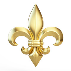 Gold Fleur de lis isolated on white - heraldic icon concept. 3d rendering - obrazy, fototapety, plakaty