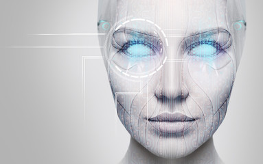 Beautiful cyborg female face with blue eyes. - obrazy, fototapety, plakaty