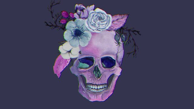 Halloween animation with watercolor skull, flowers, ornamental decor in vintage boho style. Animation of seamless loop.