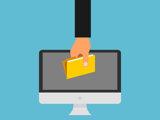 Stealing information from the computer. A hand is taking away folder from the personal computer. Online privacy, spyware, fishing, hacker, web security, cyber thief, electronic crime, malware. Vector