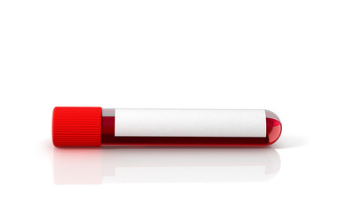 Test tube with blood and white sticker isolated on white. 3D Illustration.