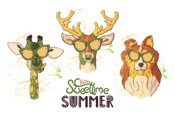 Vector. Portrait of a funny animals in glasses under the effect of pineapple.