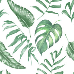 Watercolor tropical collecton. Palm, banana and monstera leaves with tropical flowers.