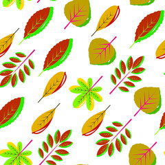 autumn seamless pattern with colorful leaves.Perfect for seasonal and Thanksgiving Day greeting cards,For textiles, packaging, fabric, wallpaper.  hand drawing.  