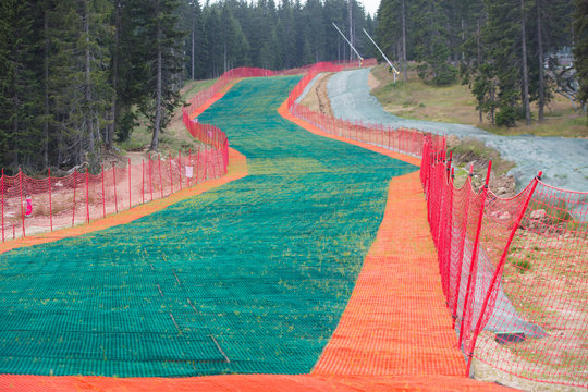 Artificial Summer Ski Slope On The Mountain