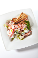 Rustic Salad of Radish, Cucumber, Tomatoes with Sour Cream and Rye Croutons Isolated