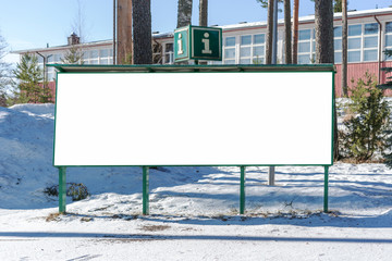 large blank white billboard for information, board near hotel or office building