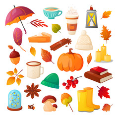 Set of autumn fall colorful objects in cartoon style.