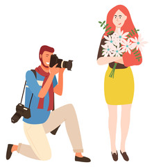 Photoset, photographer and woman with flowers, isolated character vector. Girl with bouquet and man taking picture, posing and photoshooting, portrait. Boy do photo of girl