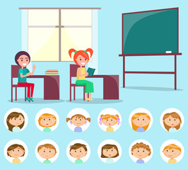 Pupils sitting at table with books, classroom decorated by desk and window, kids sitting indoor. Round stickers of children, classroom and classmate vector. Back to school concept. Flat cartoon