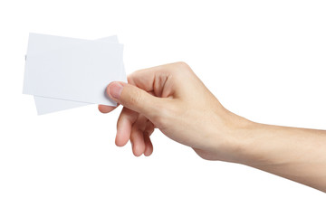 Fototapeta premium Hand holding two small pieces of paper or plastic (cards, tickets, flyers, invitations, coupons, banknotes, etc.), isolated on white background