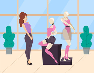 Woman shopping in clothes store. Ladies shop or boutique. Mannequin dressed in pink top and black shorts and over knee socks. Modern and fashionable garment. Female choice sexy clothing. Flat cartoon