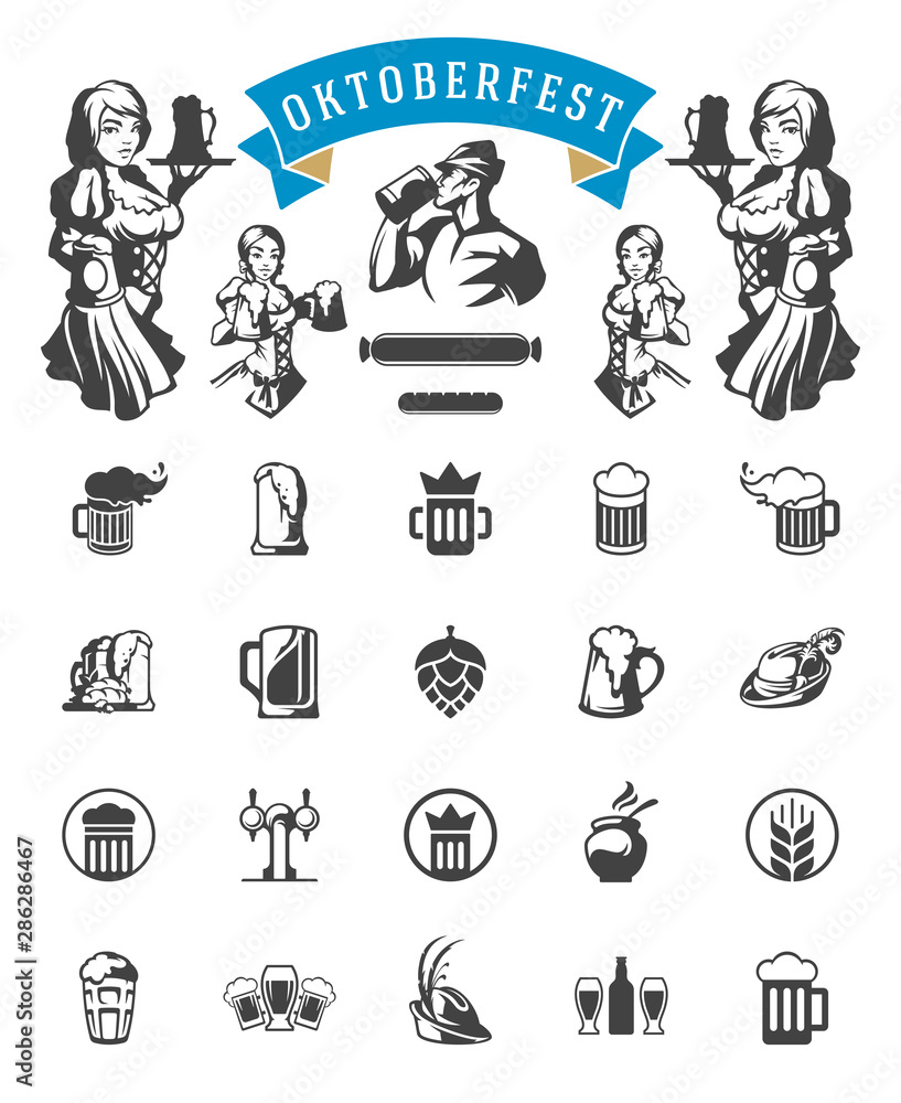 Wall mural Oktoberfest celebration beer festival icons and objects set