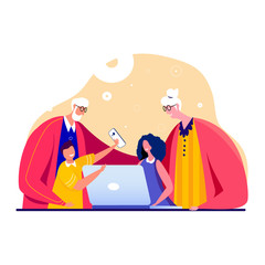 Happy grandchildren surfing the Internet with their grandparents sitting at the working table with a laptop