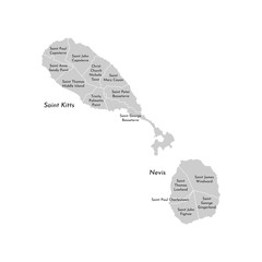 Vector isolated illustration of simplified administrative map of Saint Kitts and Nevis. Borders and names of the parishes(regions). Grey silhouettes. White outline
