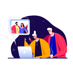 Old people communicating with their children by using the internet through video