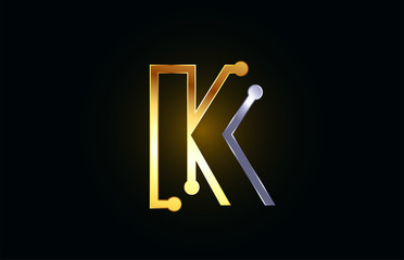 gold and silver metal letter K for alphabet logo icon design