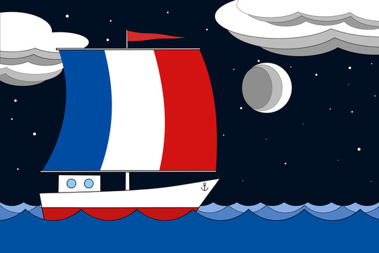 Boat with a sail the color of France flag floats on the sea at night under the black starry sky with clouds and moon.