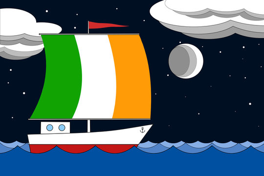Boat with a sail the color of Ireland flag floats on the sea at night under the black starry sky with clouds and moon.