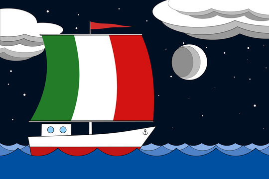 Boat with a sail the color of Italy flag floats on the sea at night under the black starry sky with clouds and moon.