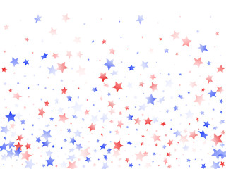 Flying red blue white star sparkles on white vector american patriotic background.