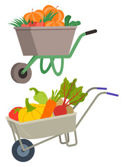 Carriage in farming vector, isolated set of carts loaded with vegetables. Pepper and carrots, beetroot and paprika pumpkin. Harvesting season flat style