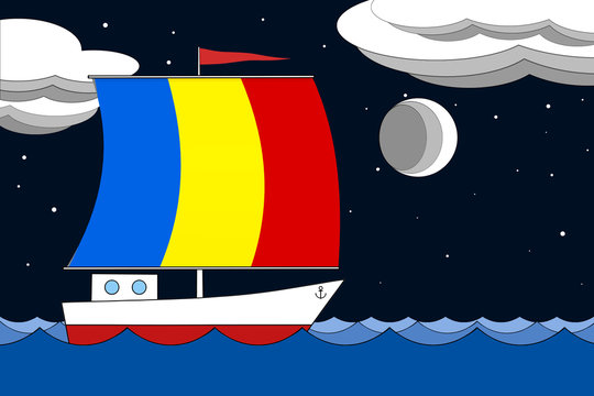 Boat with a sail the color of Romania flag floats on the sea at night under the black starry sky with clouds and moon.