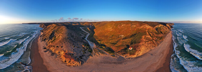 Aerial panorama from the beach at Praia Vale Figueiras in Portugal