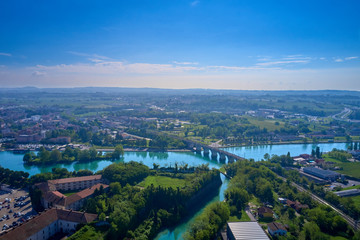 Aerial photography with drone. Beautiful view of the city of Peschiera del Garda, Italy.