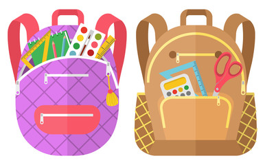 Colored school backpack. Education and study back to school, schoolbag luggage, rucksack vector illustration. Kids school bag with education equipment. Backpacks with study supplies. Student satchels