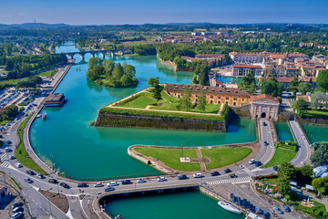 Obraz premium Aerial photography with drone. Beautiful view of the city of Peschiera del Garda, Italy.