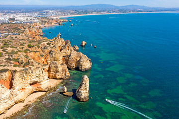 Aerial from natural rocks at Ponte Piedade in Lagos Portugal