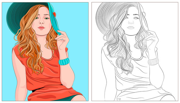 Portrait of a girl in a hat and an orange sweater, coloring book