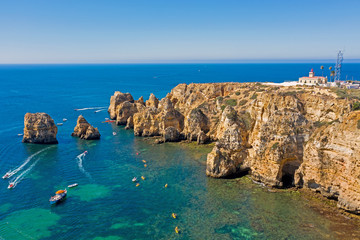 Aerial from natural rocks at Ponte Piedade in Lagos Portugal