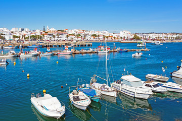 Aerial from the harbor in Lagos in the Algarve Portugal