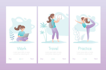 Set of three banners or application pages template.Work,travel and practice