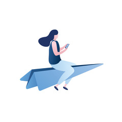 Cute girl with smartphone sitting on a paper plane,