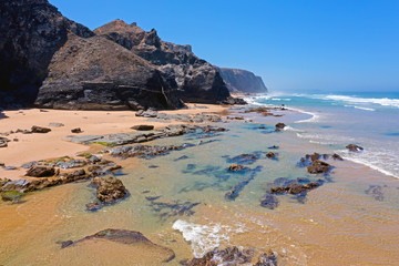 Aerial from the beach at Praia Vale Figueiras in Portugal