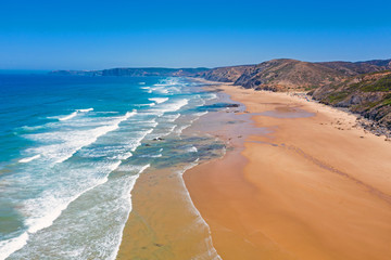 Aerial from the beach at Praia Vale Figueiras in Portugal