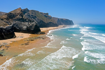 Aerial from the beach at Praia Vale Figueiras in Portugal