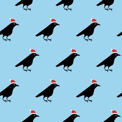 Black crows with christmas hats. Seamless pattern. Vector illustration on blue background
