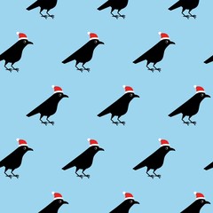 Black crows with christmas hats. Seamless pattern. Vector illustration on blue background