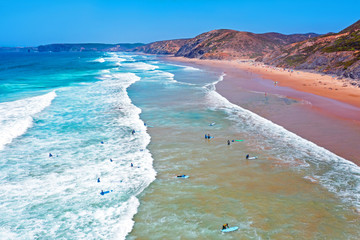 Aerial from Vale Figueiras beach on a beautiful summer day in Portugal