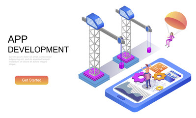 Modern flat design isometric concept of App Development decorated people character for website and mobile website development. Isometric landing page template. Vector illustration.