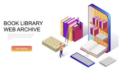 Modern flat design isometric concept of Book Library decorated people character for website and mobile website development. Isometric landing page template. Vector illustration.