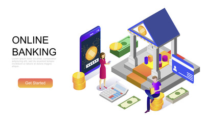 Modern flat design isometric concept of Online Banking decorated people character for website and mobile website development. Isometric landing page template. Vector illustration.