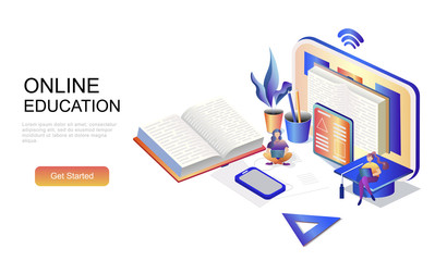 Modern flat design isometric concept of Online Education decorated people character for website and mobile website development. Isometric landing page template. Vector illustration.