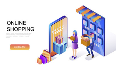 Modern flat design isometric concept of Online Shopping decorated people character for website and mobile website development. Isometric landing page template. Vector illustration.