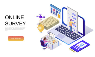 Modern flat design isometric concept of Online Survey decorated people character for website and mobile website development. Isometric landing page template. Vector illustration.