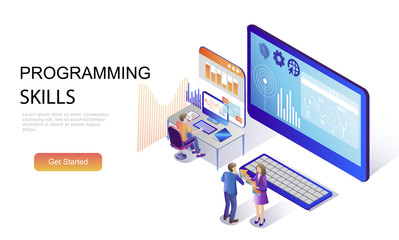 Modern flat design isometric concept of Programming Skills decorated people character for website and mobile website development. Isometric landing page template. Vector illustration.